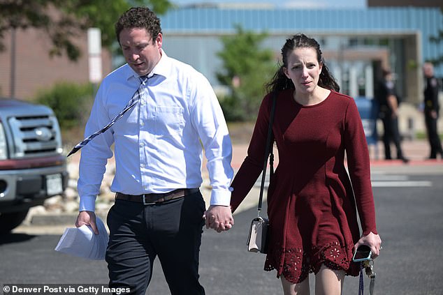 Ben Bloch, left, brother of Tracy Lechner, and his wife Rachel Bloch leave Arapahoe County District Court after the hearing in Centennial, Colorado last June