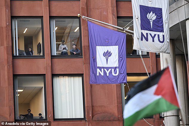 The Palestinian flag fluttered in the wind next to NYU's