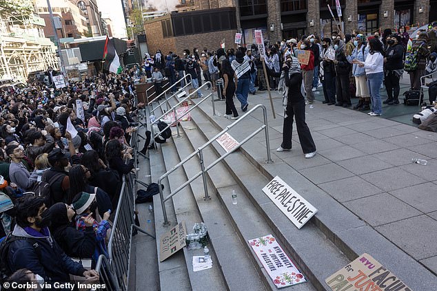 A large group of demonstrators have a "Gaza solidarity camp" at NYU