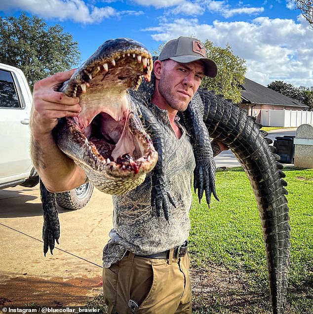 Draggich (pictured with a previous catch) is a certified alligator hunter.  When he received the nuisance alligator call, Draggich was playing hockey with his family, so he had no catching equipment with him.