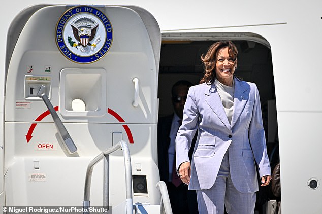 U.S. Vice President Kamala Harris arrives at the Muniz Air National Guard base in San Juan, Puerto Rico,