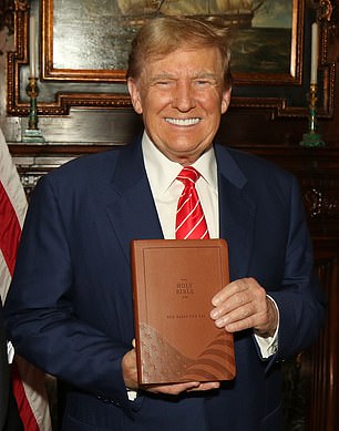 Former President Donald Trump, who was in court Tuesday, holds up a Bible that he is selling for $60