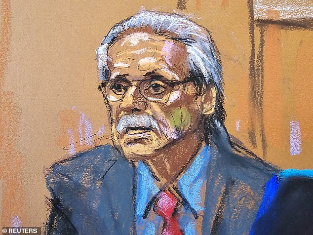 Pecker wore a dark gray suit, with a blue shirt and pink tie when he appeared on Tuesday.  He has not yet finished giving evidence and will return at the court hearing next week