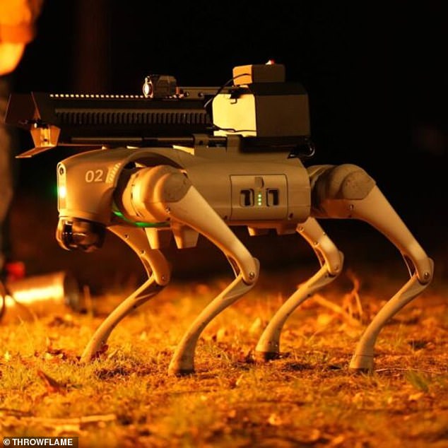 The robot dog features a variety of cameras and sensors, allowing it to move autonomously through its environment and find targets to set on fire