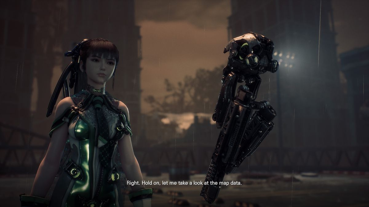 EVE, the protagonist of Stellar Blade (left), looks solemn as her robot companion (right) tells her, “Right.  Wait a minute, I'll check the card details.'