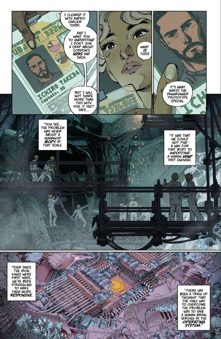 An interior page from Dawnrunner #2, featuring protagonist Anita Marr and maintenance crew making repairs to Dawnrunner.