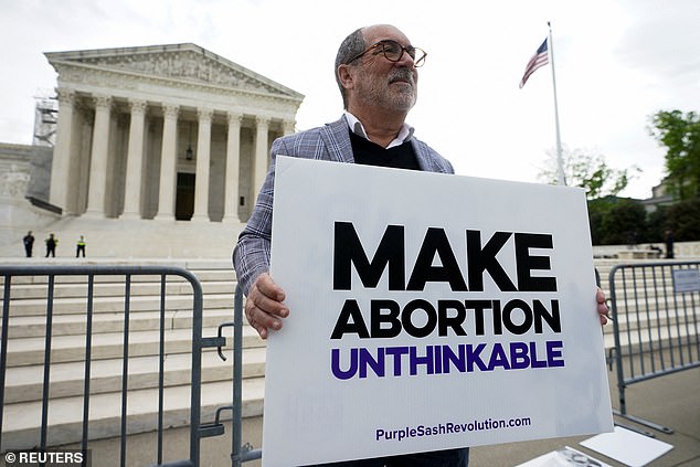 An anti-abortion activist outside the Supreme Court on Wednesday as the court hears arguments on Idaho law banning abortion in almost all situations