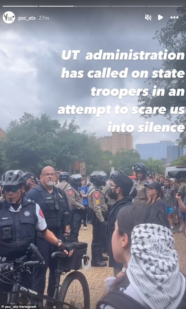 The PSC department said on Instagram: 'UT administration has summoned state forces in an attempt to scare us into silence'