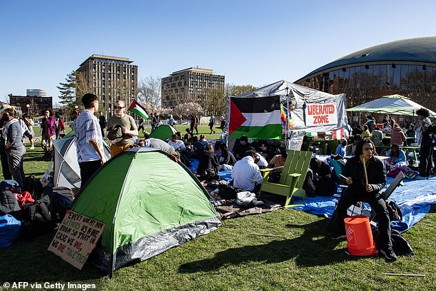 Pro-Palestinian supporters from Harvard University and the Massachusetts Institute of Technology gather at an encampment for Palestine at MIT in Cambridge, Massachusetts