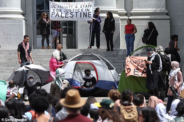 Pro-Palestinian protesters set up a tent camp in front of Sproul Hall on the UC Berkeley campus on Monday