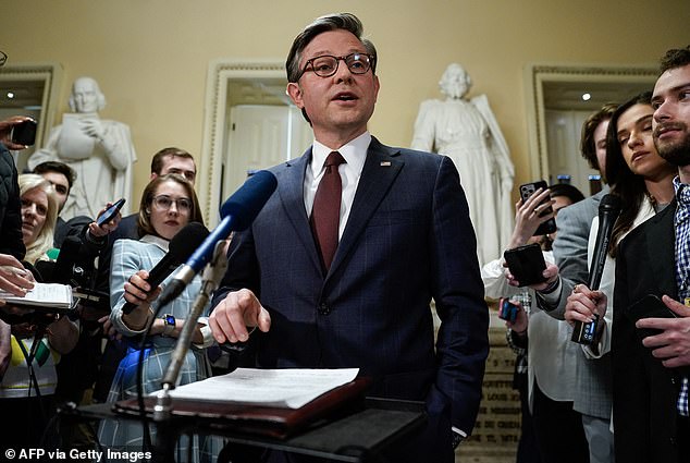 Speaker of the House of Representatives Mike Johnson (pictured Saturday) will confront pro-Palestinian protesters on the campus of Columbia University, hours after calling for the university's president to resign