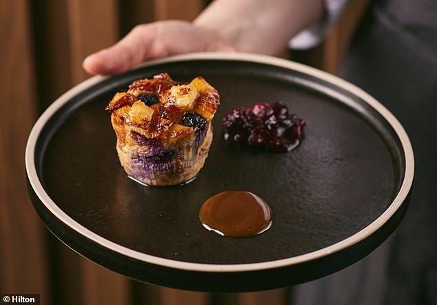 Bread and butter pudding with blueberries and fudge, using leftover breakfast pastries and croissants