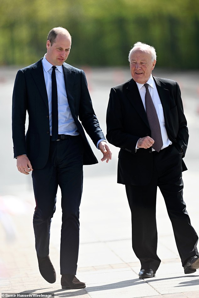 William looked sharp in a black suit with a black skinny tie as he arrived at the school today for the first of three appointments in the West Midlands