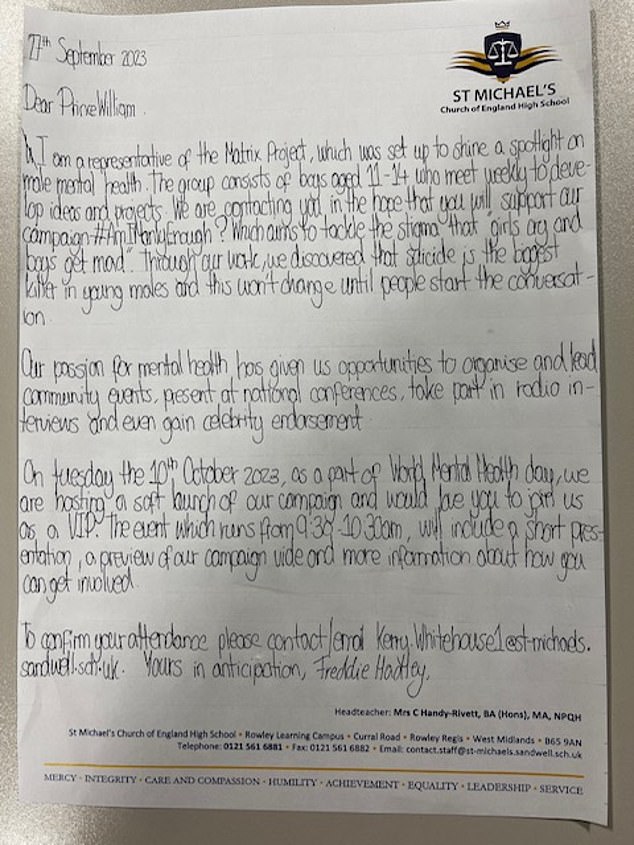 Freddie Hadley, 12, wrote to the Prince of Wales last year telling him about the initiative he and his peers have set up to help students manage their mental health