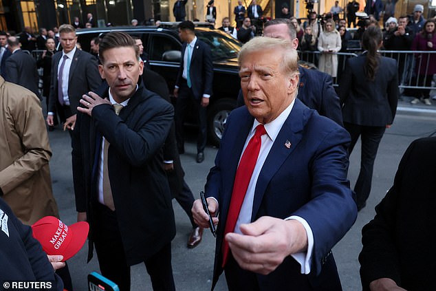 The former president earlier greeted hundreds of staff members at a construction site as he prepared for another day of testimony in the hush money trial in Manhattan