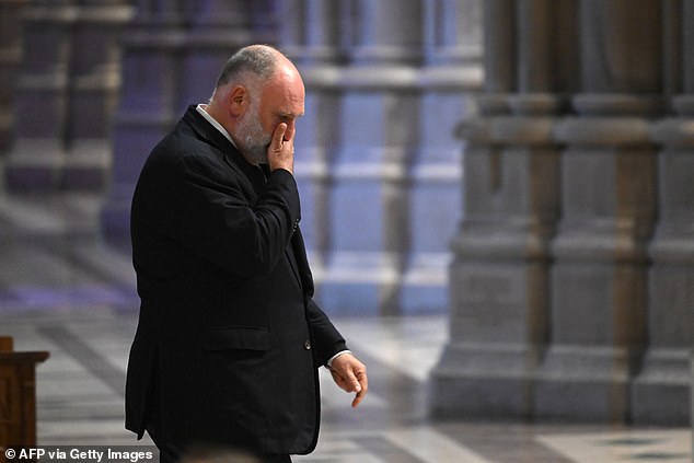 Chef and founder of World Central Kitchen Jose Andres emotionally walks to his seat ahead of Thursday's commemoration for the seven WCK workers killed in Gaza on April 1