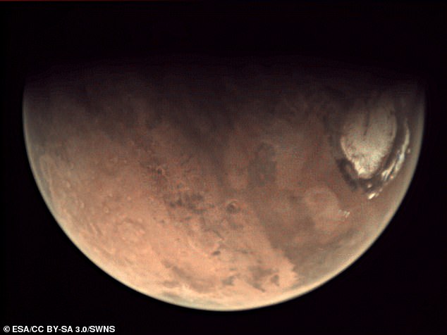 Mars is the fourth planet from the sun, with an 'almost dead' dusty, cold desert world with a very thin atmosphere.  This image of the planet was taken using the Visual Monitoring Camera (VMC) on ESA's Mars Express spacecraft, November 10, 2023