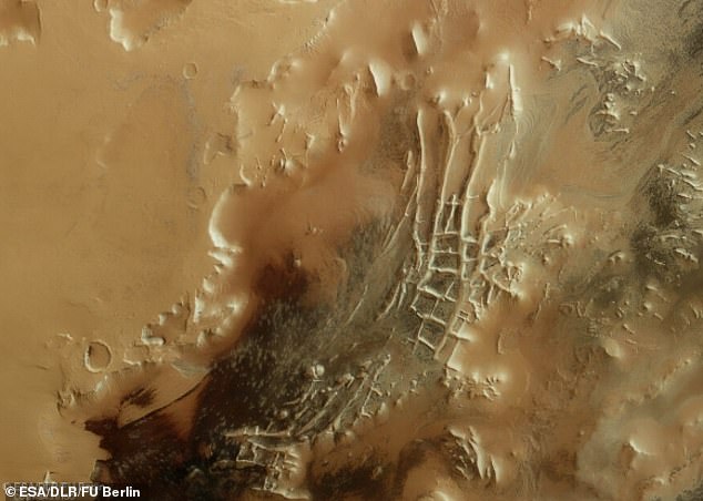 Mars is shown here in shades of brown and brown.  On the left are two major features: a raised network of linear, grid-like ridges and walls, known as Inca City, and a number of dark spots indicating the presence of features known as 'spiders'.