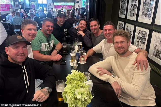 His St Kilda teammates have refused to turn their backs on him despite the shocking nature of his crimes, with Steven Baker (second from right) recently posting a series of photos of stars including Nick Dal Santo and Stephen Milne targeting Fisher (third from the left) supported.  (photo)