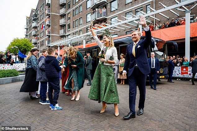 Her three daughters were just as chic, with the eldest and heir to the Dutch throne also choosing to wear green.  Amalia went for a blue-green shade, also with a floral pattern