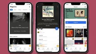 Qobuz on three iPhone screens, on pink raspberry background