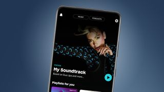 A smartphone on a blue background with the Amazon Music Unlimited app