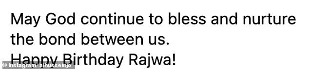 Prince Hussein wished his wife a happy birthday on Instagram, adding: 'May God continue to bless and cherish the bond between us'