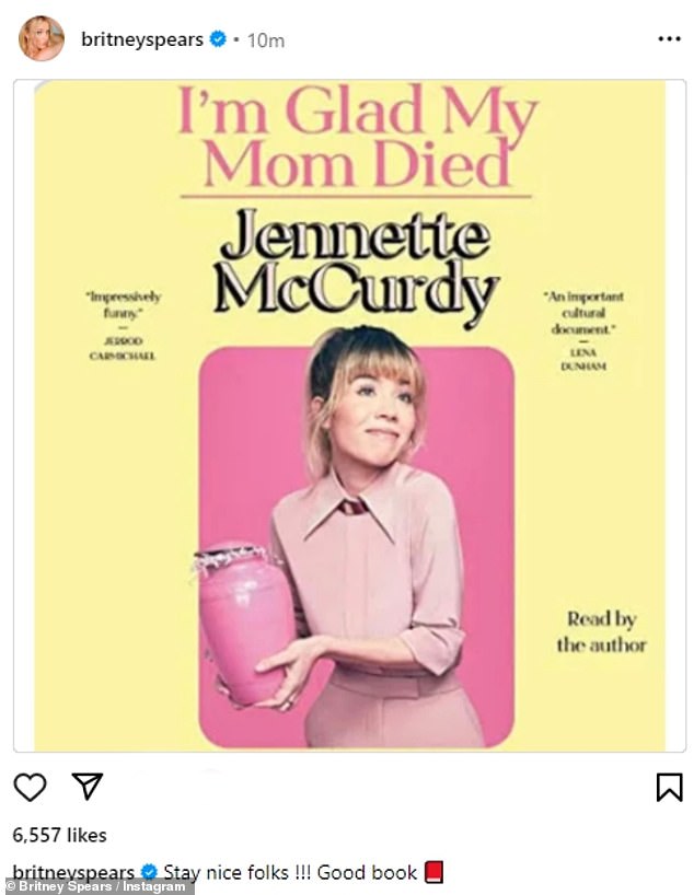 She also made a sharp statement with her latest book recommendation, posting the cover of Jennette McCurdy's I'm Glad My Mom Died