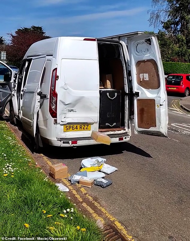 A large cardboard package is seen being thrown from the white van and onto a growing pile of packages in the gutter