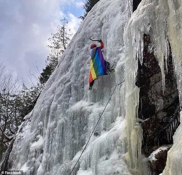 Mecus was seen in a photo climbing an icy mountain in December 2021.  “Let your freak flag fly,” she said in the caption while wearing a pride flag on her back