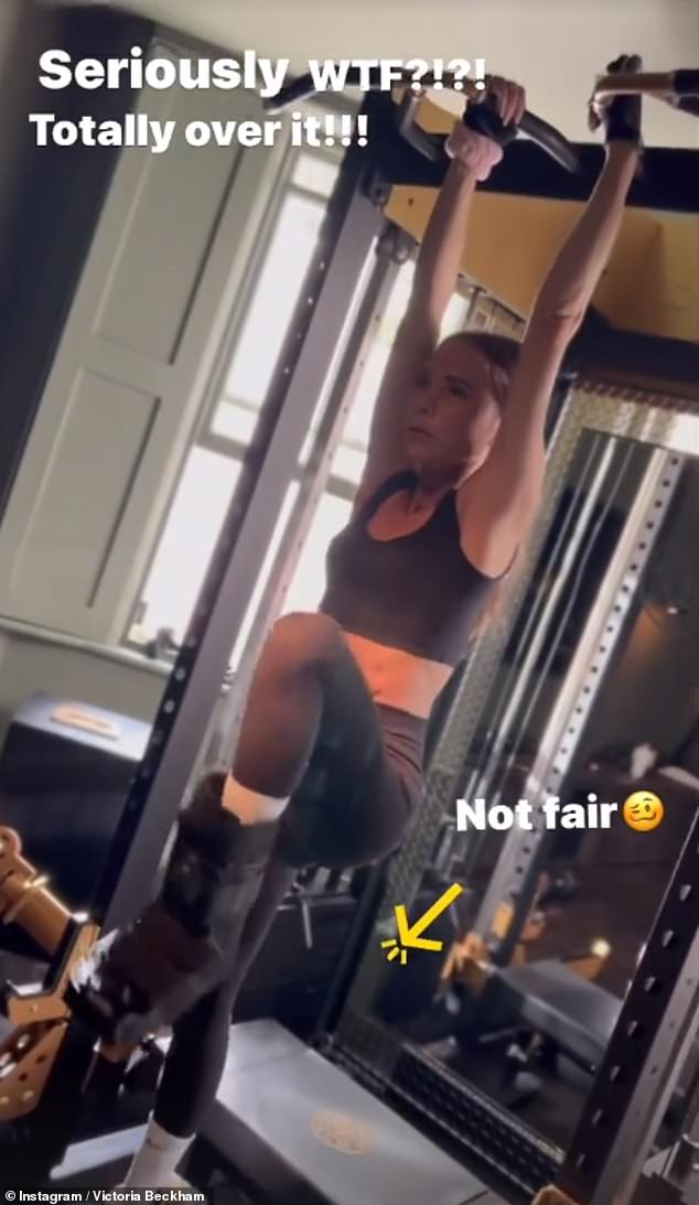 Showing her dedication to staying in shape, Victoria also shared a video earlier this month of herself performing hanging knee-ups while wearing her Airboot cast