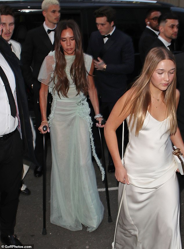 Mum-of-four Victoria looked sensational as she arrived on crutches with her family at her star-studded 50th birthday party in London earlier this month