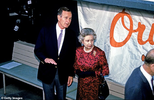 Queen Elizabeth (right) asked President George H. W. Bush (left) what Cal Ripken, Sr., the Orioles' third base coach, was doing, and when Bush explained that he had to tell the runner whether to stand or go to home plate had to go, she replied, 