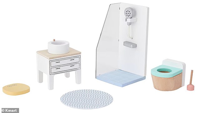 The six-piece Wooden Dollhouse Bathroom set consisting of a shower, toilet, plunger, shower mat, scales and a sink