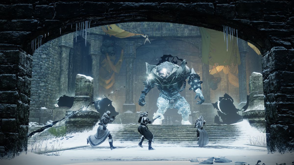 Guardians face off against a large Ogre in Destiny 2's Warlord's of Ruin dungeon