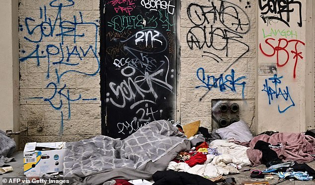 The authors argued that in the current system, relying on housing navigators to help those without housing is a lengthy and expensive process.  Pictured: A homeless man sleeps under a blanket on a sidewalk in Skid Row