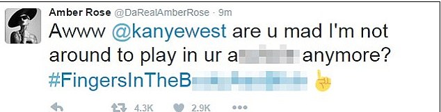 Rose tweeted on January 27, 2016: 'Awww @kanyewest are you mad that I'm not here to play in your ass anymore?  #FingersInTheBootyA**B****'