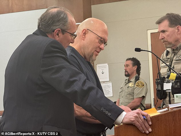 Brian Kenneth Urban, 52, received the sentence Friday in Utah's West Jordan District Court, two weeks after the adult victim died suddenly.  Here he is seen telling a judge that elevated levels of testosterone drove him to rape the deceased victim