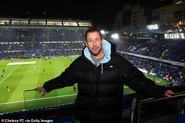 Adam Sandler appears to have been out and about in London this week, shocking fans with his surprising whereabouts (pictured at Stamford Bridge in March)