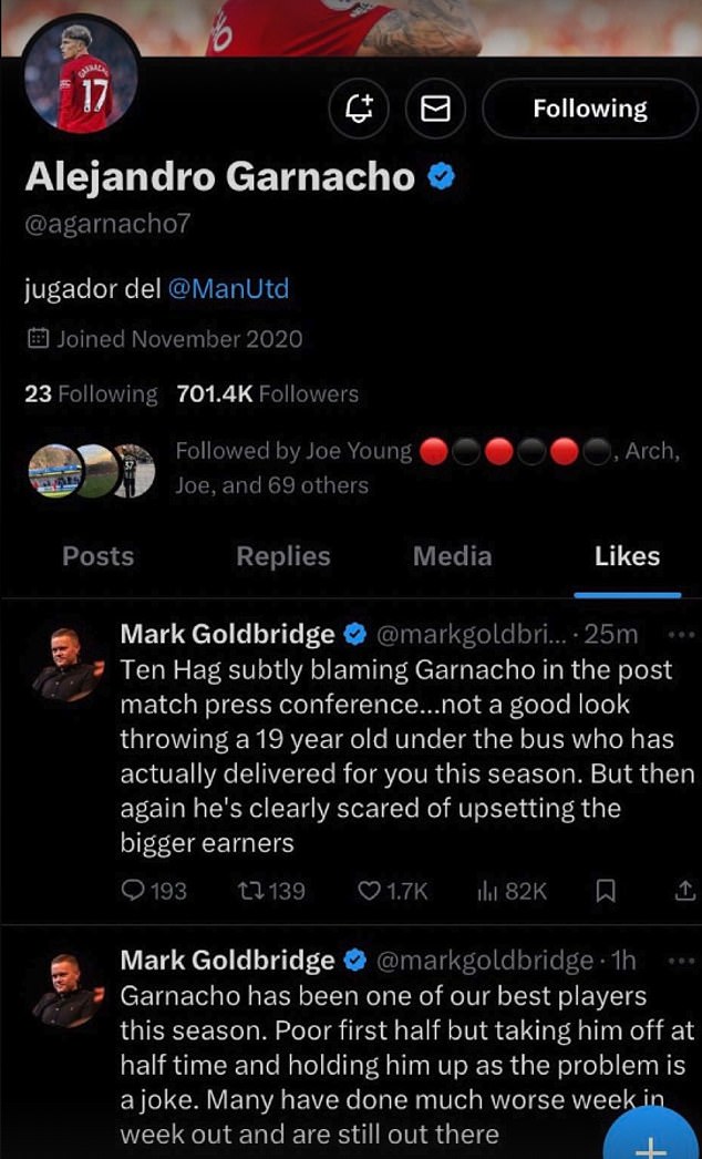 Screenshots of Garnacho's liked tweets appeared to show the Man United star appreciating Mark Goldbridge's comments decrying Ten Hag's treatment of the Argentine