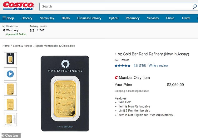 Costco's 1-ounce 24-karat bars cost about $1,950 in September.  This week they were around $2,400.  Pictured is one of Costco's 1-ounce gold bars listed on its website in December