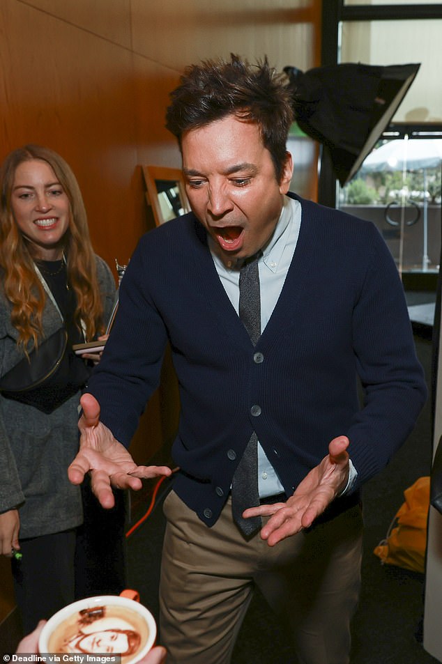 Fallon was very excited when he saw his face in a cup of coffee art