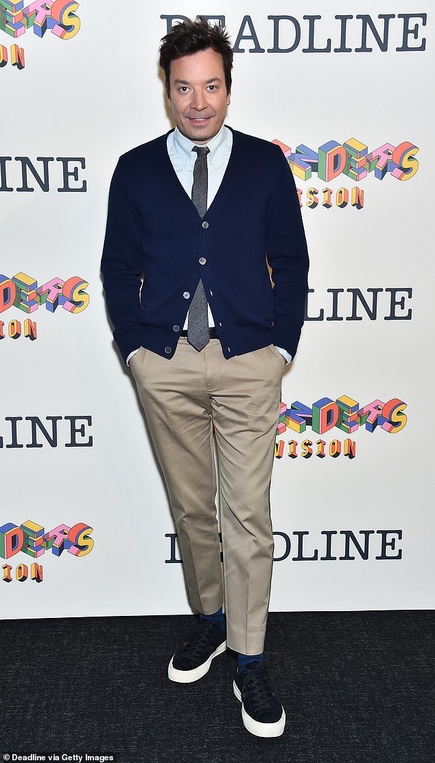 Jimmy Fallon was also at the event, arriving in a navy blue vest worn over a light-colored shirt