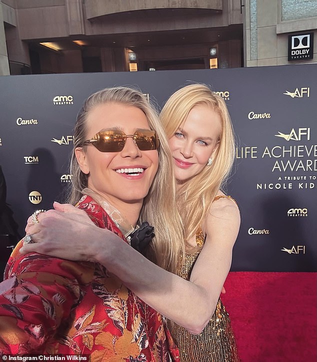 Christian Wilkins shared a special moment with Australian actress Nicole Kidman in Los Angeles on Sunday.  The 'nepo baby', 29, posted a red carpet selfie with the actress before she was honored with the American Film Institute Lifetime Achievement Award