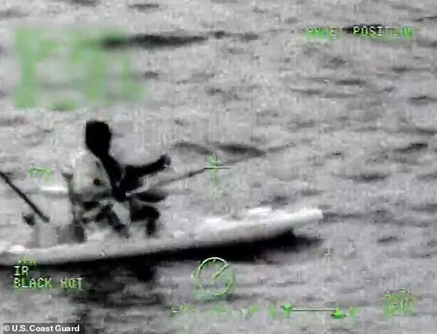 Smelley can only be seen on images in the middle of the Gulf of Mexico.  Rescue helicopters initially did not see him because he was wearing dark clothing in a dark blue kayak