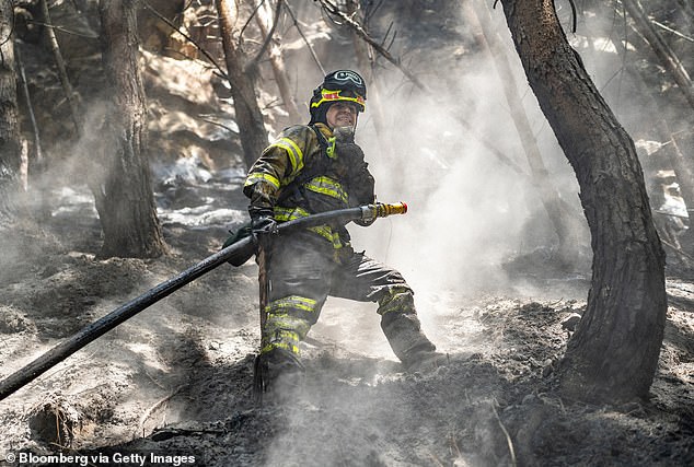 A firefighter sprays water during a forest fire on El Cable Hill near Bogota, Colombia, on January 27.  The El Niño weather pattern is blamed for forest fires and the current drought