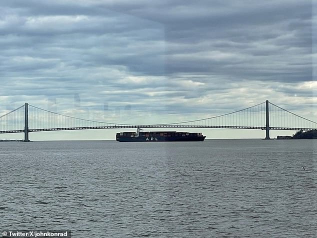 The APL Qingdao, pictured 'just north' of the Verrazzano Bridge, lost propulsion Saturday as it crossed the Kill Van Kull waterway