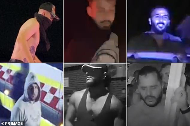 Twelve men captured on video outside a church in Sydney's west are among 50 people police are seeking after a riot that left dozens of officers injured.