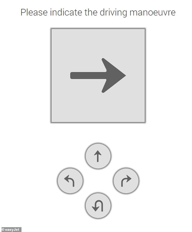 The sense of direction test shows an arrow that indicates from above the direction in which a vehicle is traveling.  After a maneuver you will see an arrow.  Users must remember the previous direction of travel and select the direction of the maneuver from the driver's view