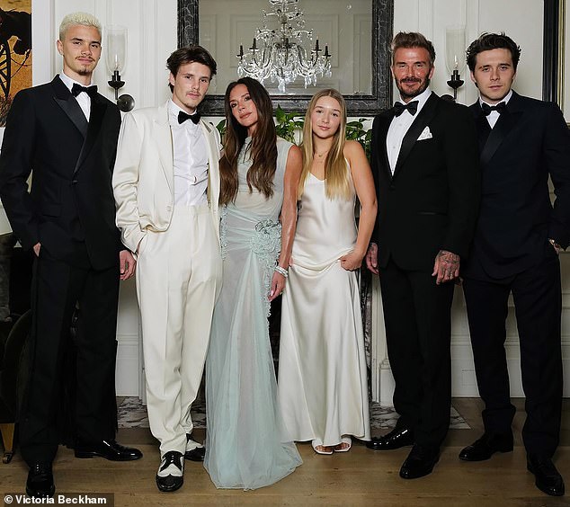 The Beckham clan gathers for a pre-party photo.  Left-right: Romeo, Cruz, Victoria, Harper, David and Brooklyn